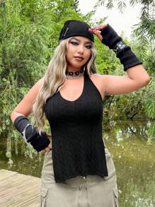 ROMWE PUNK Plus Split Hem Halter Knit Top Without Glove - Black - View 5