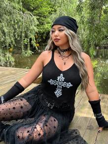 ROMWE PUNK Plus Graphic Pattern Cami Knit Top - Black - View 6