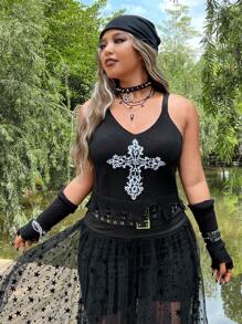 ROMWE PUNK Plus Graphic Pattern Cami Knit Top - Black - View 4