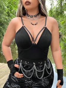 ROMWE PUNK 大碼O形環細節吊帶上衣不附帶手套 - 黑色 - 查看 8