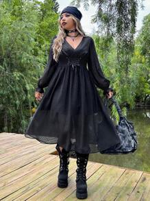 ROMWE PUNK Plus Swiss Dot Lace Up Front Flounce Sleeve Dress - Black - View 5