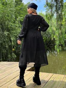 ROMWE PUNK Plus Swiss Dot Lace Up Front Flounce Sleeve Dress - Black - View 2