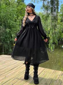 ROMWE PUNK Plus Swiss Dot Lace Up Front Flounce Sleeve Dress - Black - View 3