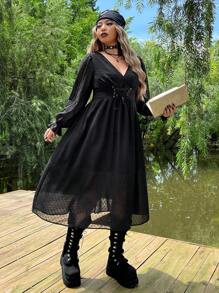 ROMWE PUNK Plus Swiss Dot Lace Up Front Flounce Sleeve Dress - Black - View 4