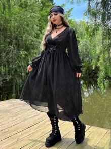 ROMWE PUNK Plus Swiss Dot Lace Up Front Flounce Sleeve Dress - Black - View 7