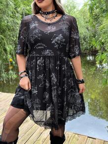 ROMWE PUNK Plus Twelve Constellations Print Mesh Dress Without Cami Dress - Black and White - View 7