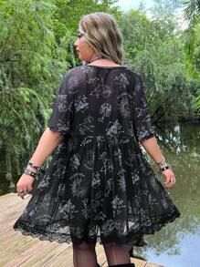 ROMWE PUNK Plus Twelve Constellations Print Mesh Dress Without Cami Dress - Black and White - View 2