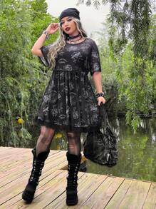 ROMWE PUNK Plus Twelve Constellations Print Mesh Dress Without Cami Dress - Black and White - View 3