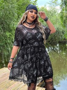 ROMWE PUNK Plus Twelve Constellations Print Mesh Dress Without Cami Dress - Black and White - View 4