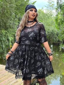ROMWE PUNK Plus Twelve Constellations Print Mesh Dress Without Cami Dress - Black and White - View 6