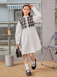 SHEIN Tween Girl Plaid Print Frill Trim Button Front Shirt Dress - Multicolor - View 3