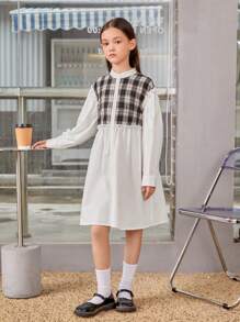 SHEIN Tween Girl Plaid Print Frill Trim Button Front Shirt Dress - Multicolor - View 5