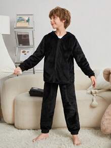 SHEIN 男大童長毛絨連帽衫上衣和長褲家居服套裝