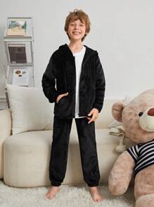 SHEIN 男大童長毛絨連帽衫上衣和長褲家居服套裝