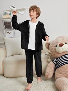 SHEIN 男大童長毛絨連帽衫上衣和長褲家居服套裝