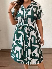 SHEIN LUNE 大碼幾何印花腰帶襯衫洋裝 - 彩色 - 查看 1