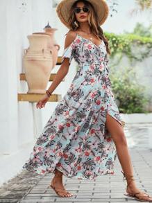 SHEIN VCAY Tropical Print Cold Shoulder Belted Wrap Dress - Multicolor - View 1