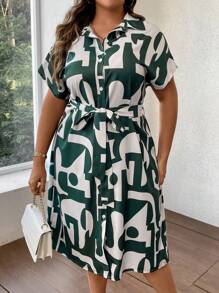 SHEIN LUNE 大碼幾何印花腰帶襯衫洋裝 - 彩色 - 查看 3