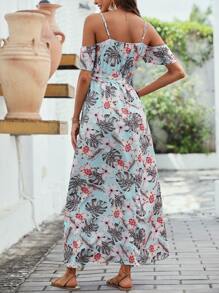 SHEIN VCAY Tropical Print Cold Shoulder Belted Wrap Dress - Multicolor - View 2