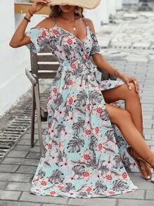 SHEIN VCAY Tropical Print Cold Shoulder Belted Wrap Dress - Multicolor - View 4