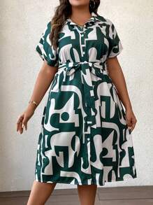 SHEIN LUNE 大碼幾何印花腰帶襯衫洋裝 - 彩色 - 查看 6