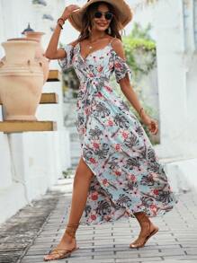 SHEIN VCAY Tropical Print Cold Shoulder Belted Wrap Dress - Multicolor - View 5