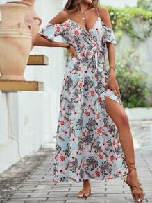 SHEIN VCAY Tropical Print Cold Shoulder Belted Wrap Dress - Multicolor - View 6