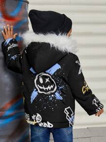 SHEIN Đứa bé trai Đồ họa Chữ cái Trang trí Fuzzy Áo trùm đầu - màu đen - Xem 2