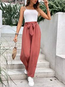 SHEIN Frenchy 纯色直筒宽松纸袋腰裤，常规版型 - 紅木色 - 查看 1