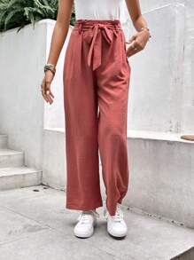 SHEIN Frenchy 纯色直筒宽松纸袋腰裤，常规版型 - 紅木色 - 查看 3