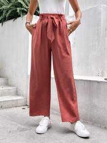 SHEIN Frenchy 纯色直筒宽松纸袋腰裤，常规版型 - 紅木色 - 查看 7