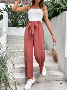 SHEIN Frenchy 纯色直筒宽松纸袋腰裤，常规版型 - 紅木色 - 查看 5