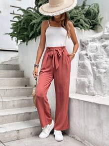 SHEIN Frenchy 纯色直筒宽松纸袋腰裤，常规版型 - 紅木色 - 查看 6