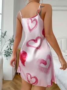 愛心圖案緞面吊帶睡裙 - 淺粉色 - 查看 2