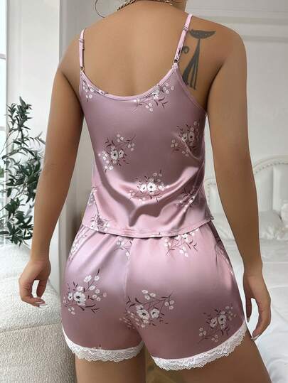 Floral Print Lace Trim Satin Cami Top & Shorts PJ Set