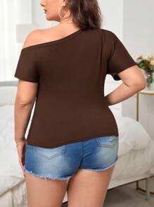 SHEIN Essnce Plus Asymmetrical Neck Ruched Side Tee - Chocolate Brown - View 2