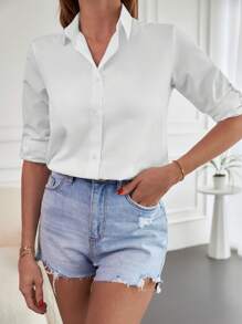 Cottnline Solid Button Front Shirt - White - View 1