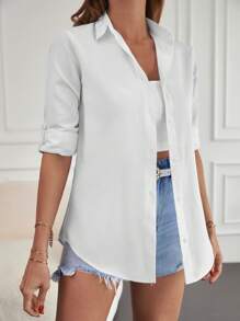 Cottnline Solid Button Front Shirt - White - View 4