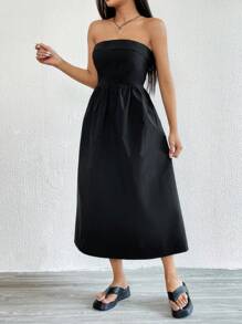 SHEIN EZwear 素色抹胸連衣裙 - 黑色 - 查看 4