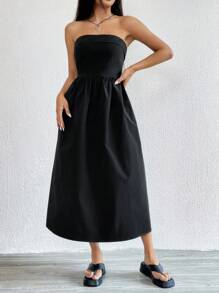 SHEIN EZwear 素色抹胸連衣裙 - 黑色 - 查看 1