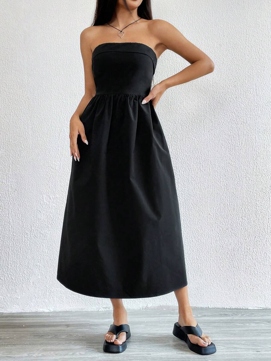 SHEIN EZwear 素色抹胸連衣裙 - 黑色 - 查看 1