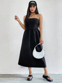 SHEIN EZwear 素色抹胸連衣裙 - 黑色 - 查看 5