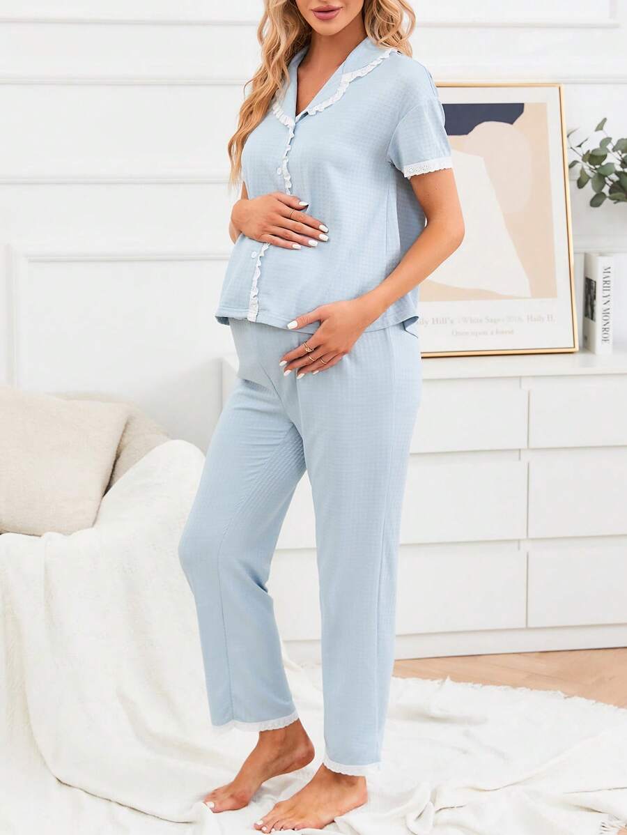 Maternity Contrast Binding Button Front Sleep Shirt & Sleep Trousers - Baby Blue - View 1