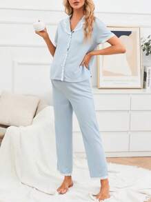 Maternity Contrast Binding Button Front Sleep Shirt & Sleep Trousers - Baby Blue - View 5