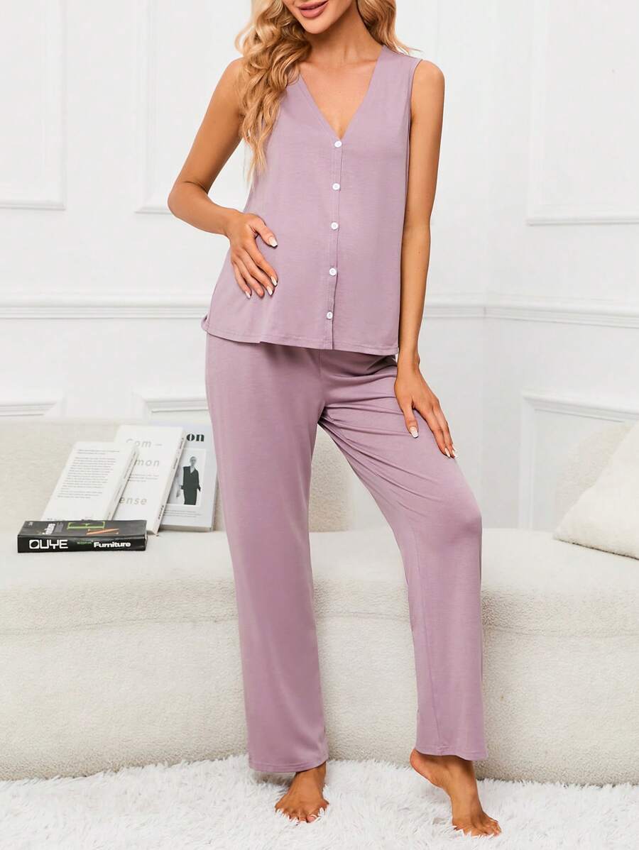 孕婦前紐扣背心上衣&可調節腰圍長褲