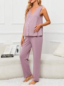 孕婦前紐扣背心上衣&可調節腰圍長褲