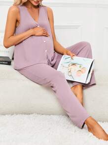 孕婦前紐扣背心上衣&可調節腰圍長褲