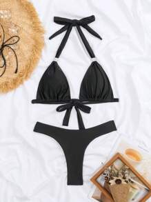 Swim SXY 環鏈掛脖三角杯比基尼泳裝 - 黑色 - 查看 4