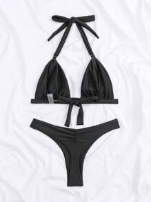 Swim SXY 環鏈掛脖三角杯比基尼泳裝 - 黑色 - 查看 5