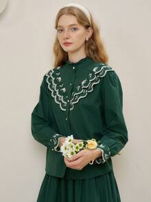 Simple Retro Floral Embroidery Ruffle Trim Button Front Shirt - Dark Green - View 6
